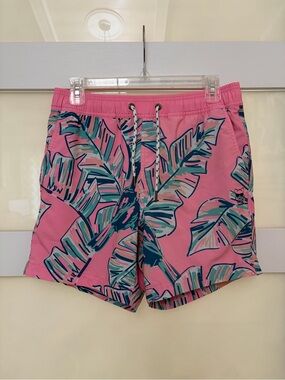 Men's Pink Tropical Print Swim Trunks